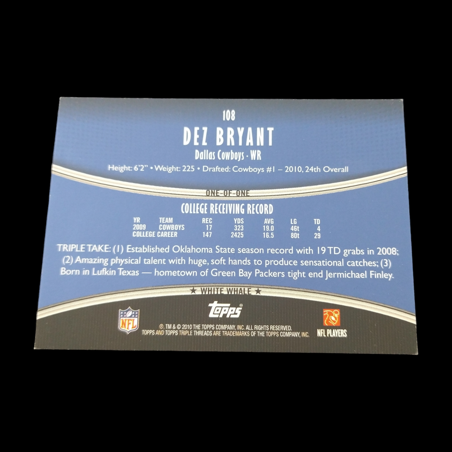 2010 Topps Trip Threads Dez Bryant White Whale 1/1 Rookie Patch Autograph