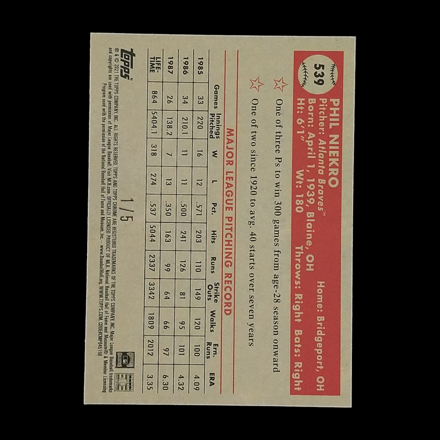 2021 Topps Chrome Anniversary Phil Niekro Red Refractor Serial # /5