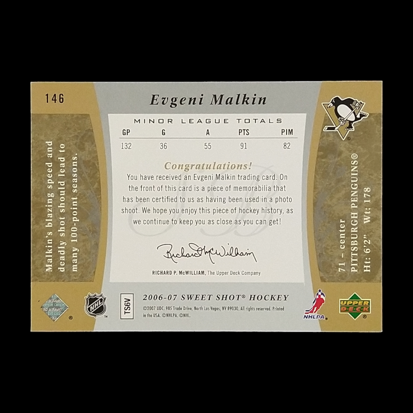 2006-07 Upper Deck Evgeni Malkin Sweet Spot Rookie Jersey Serial # /499