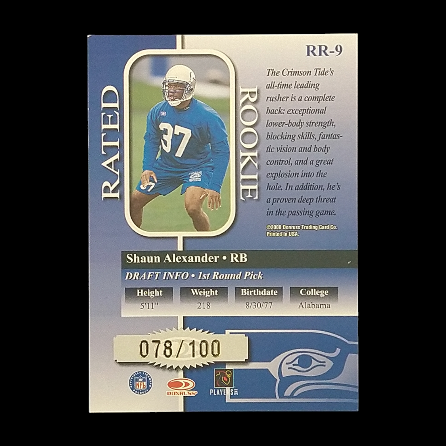 2000 Donruss Shaun Alexander Rated Rookie Medalist Serial # /100