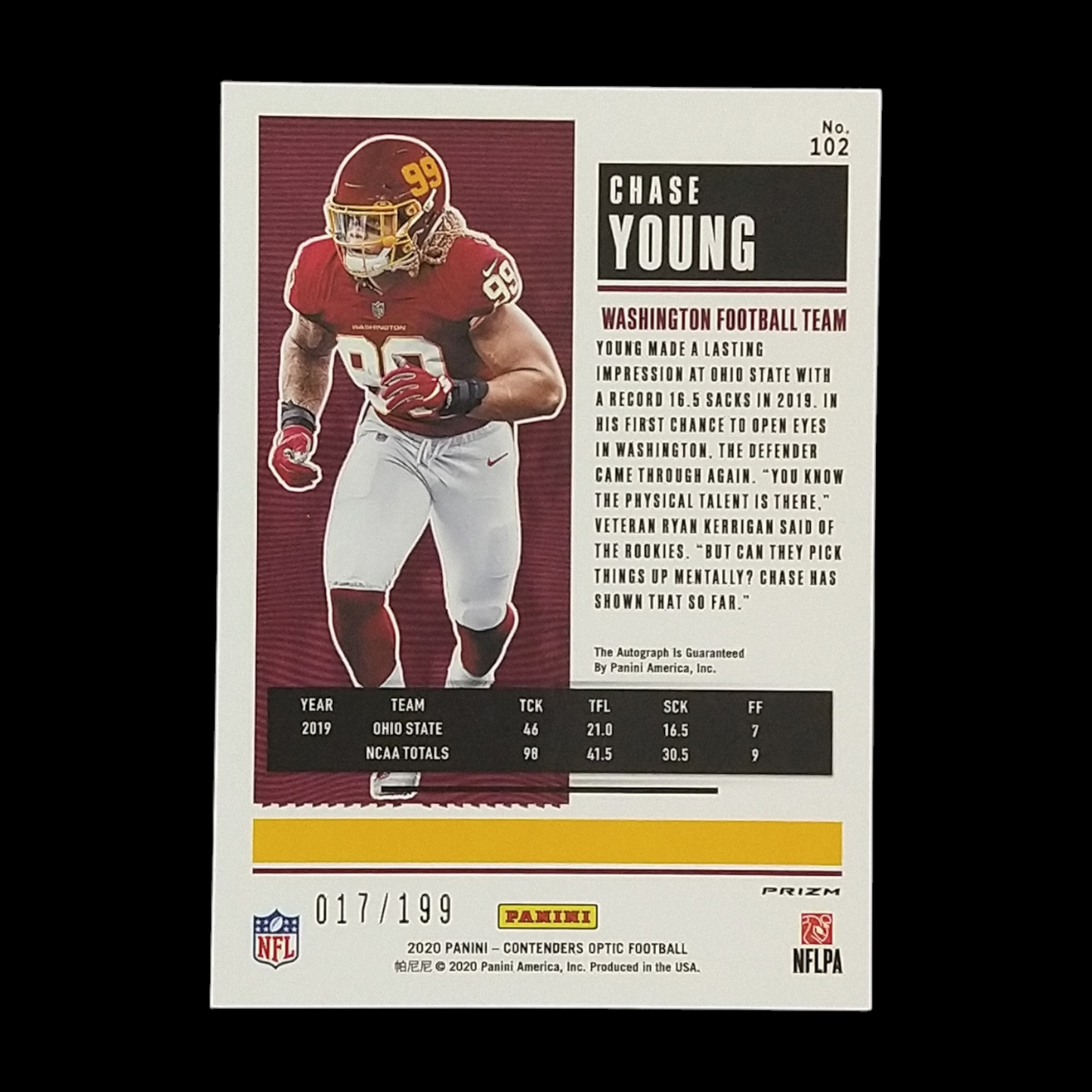2020 Panini Optic Contenders Chase Young Rookie Red Prizm Autograph Serial # /199