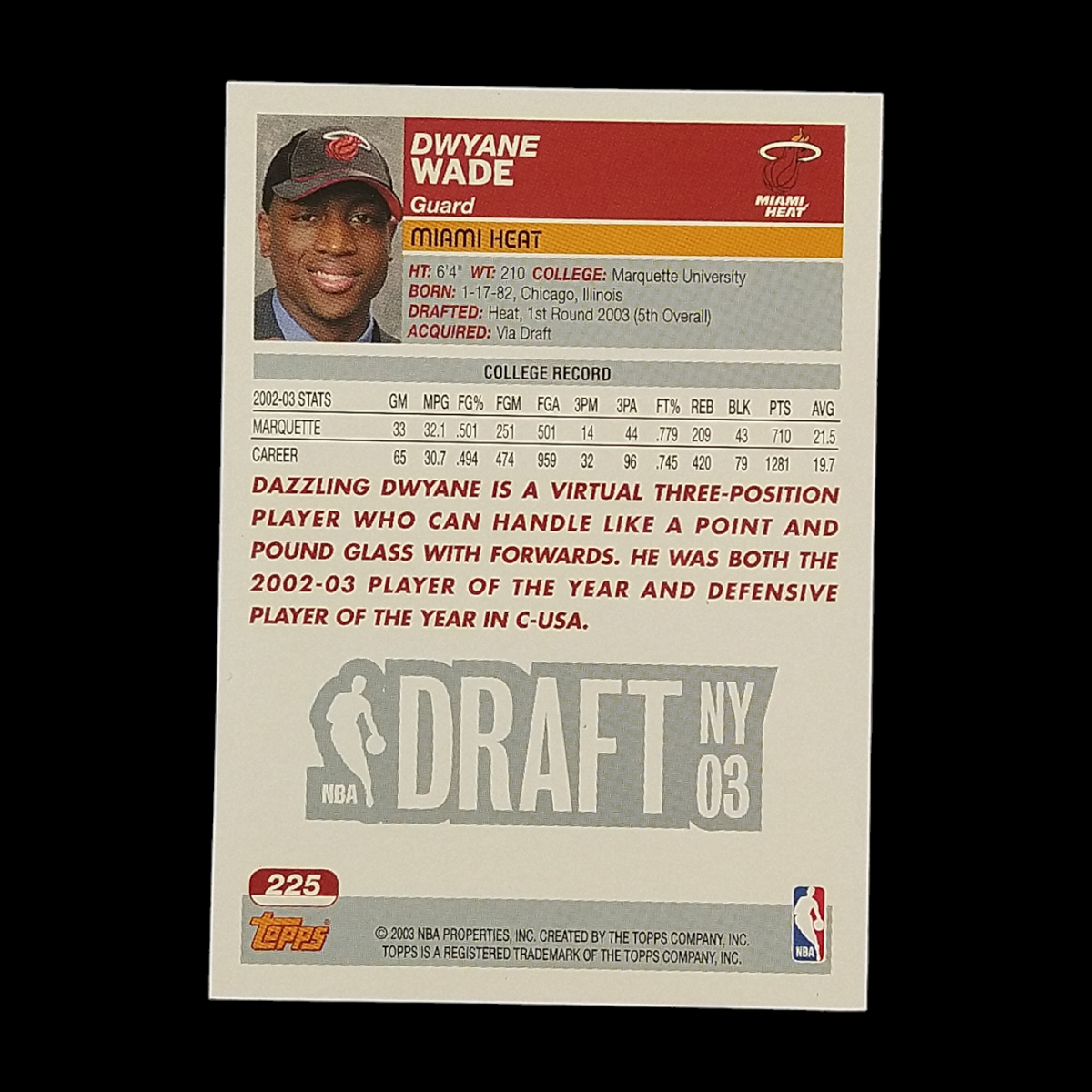 NBA DWYANE WADE 2003-04 Topps No. 225 ROOKIE CARD BASKETBALL MIAMI HEAT ドウェイン・ウェイド ルーキーカード マイアミ ヒート