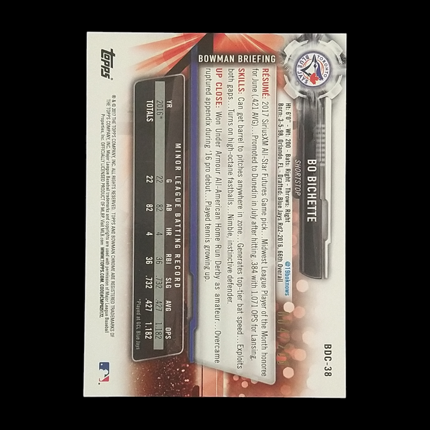 2017 Bowman Chrome Bo Bichette Blue Refractor Serial # /200