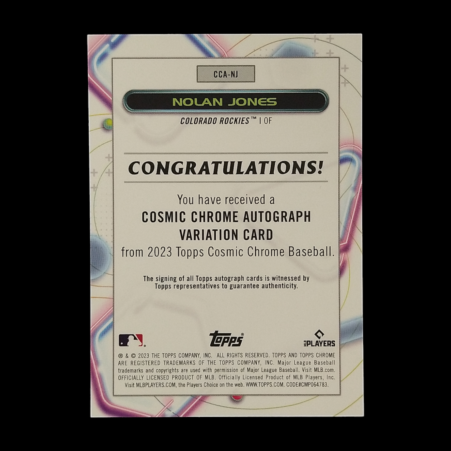 2023 Topps Cosmic Chrome Nolan Jones Rookie Refractor Autograph