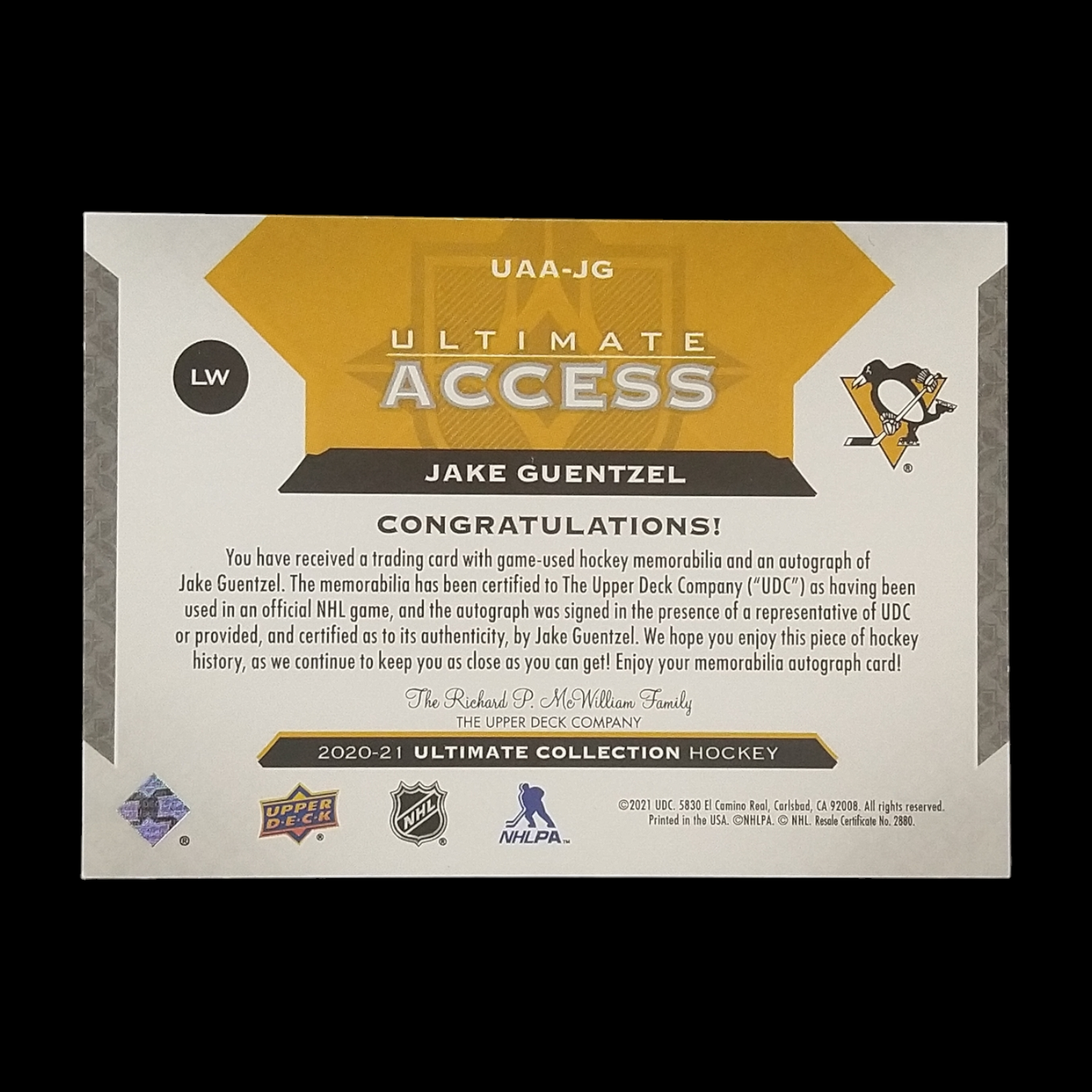 2020-21 Upper Deck Ultimate Jake Guentzel Jersey Autograph /135