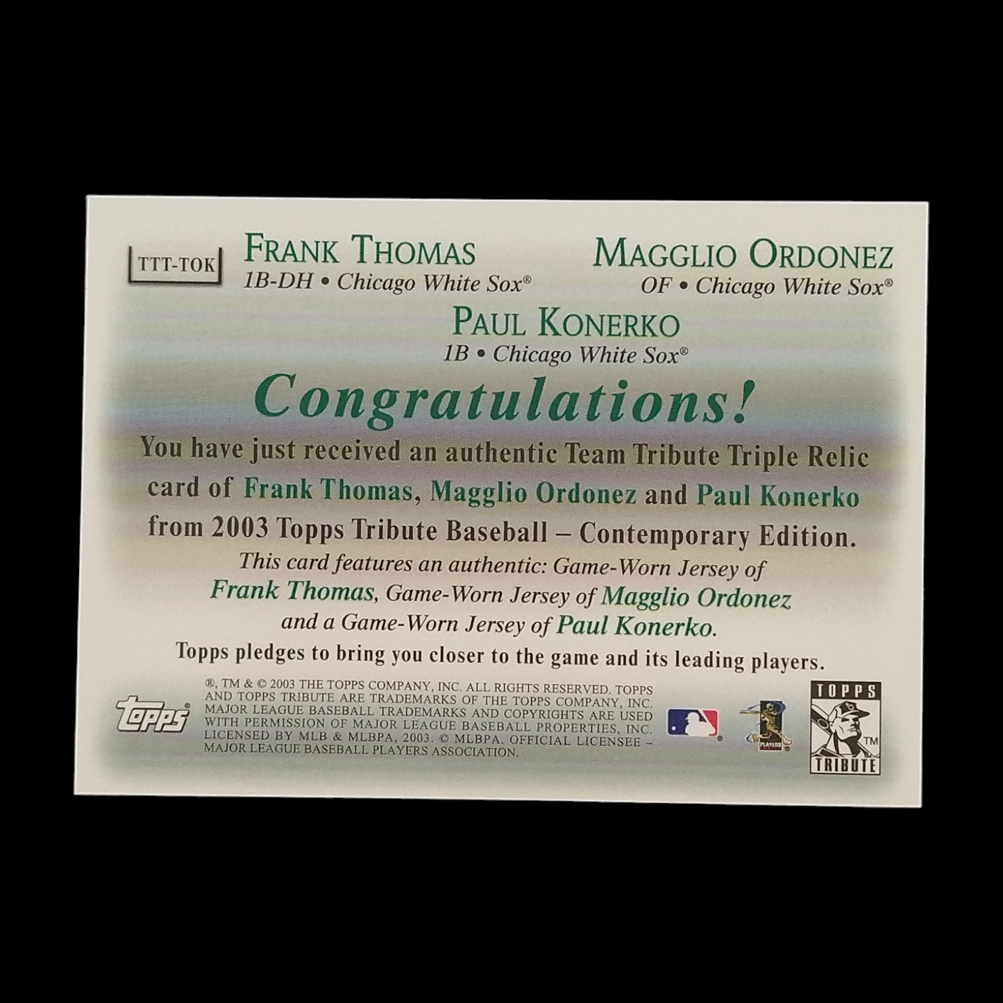 2003 Topps Tribute Frank Thomas , Magglio Ordonez , Paul Konerko Triple Jersey Relic