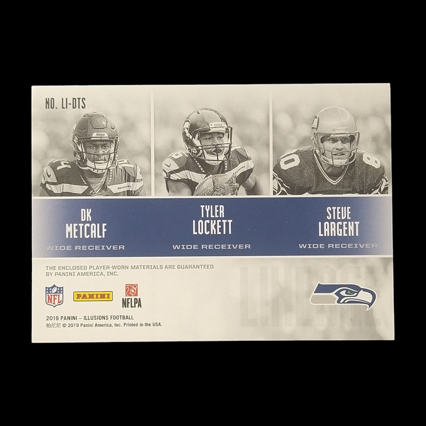 2019 Panini Illusions DK Metcalf , Tyler Lockett , Steve Largent Triple Jersey Relic