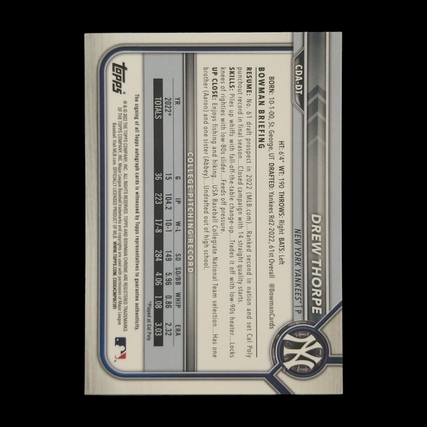 2022 Bowman Chrome Drew Thorpe Autograph