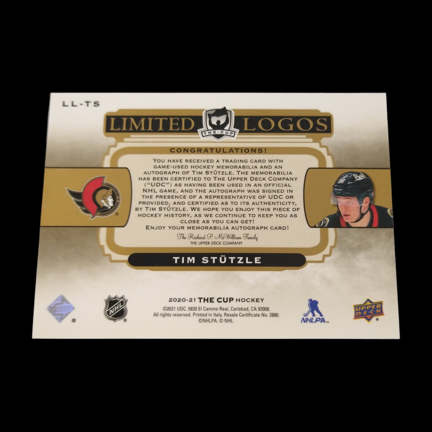 2020-21 Upper Deck The Cup Tim Stutzle Rookie Logo Patch Autograph Serial # 23/50