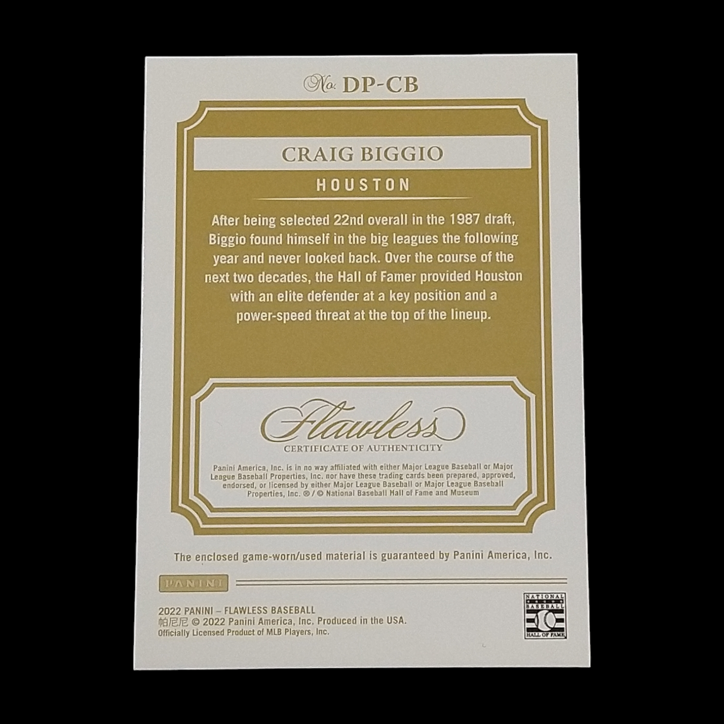 2022 Panini Flawless Craig Biggio Dual Jersey Patch serial # 9/10