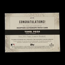 Load image into Gallery viewer, 2022 Topps Inception Yohel Pozo Rookie Button Patch Autograph Serial # /6