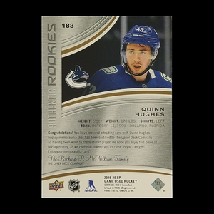 2019-20 Upper Deck Quinn Hughes SP Game Used Rookie Jersey