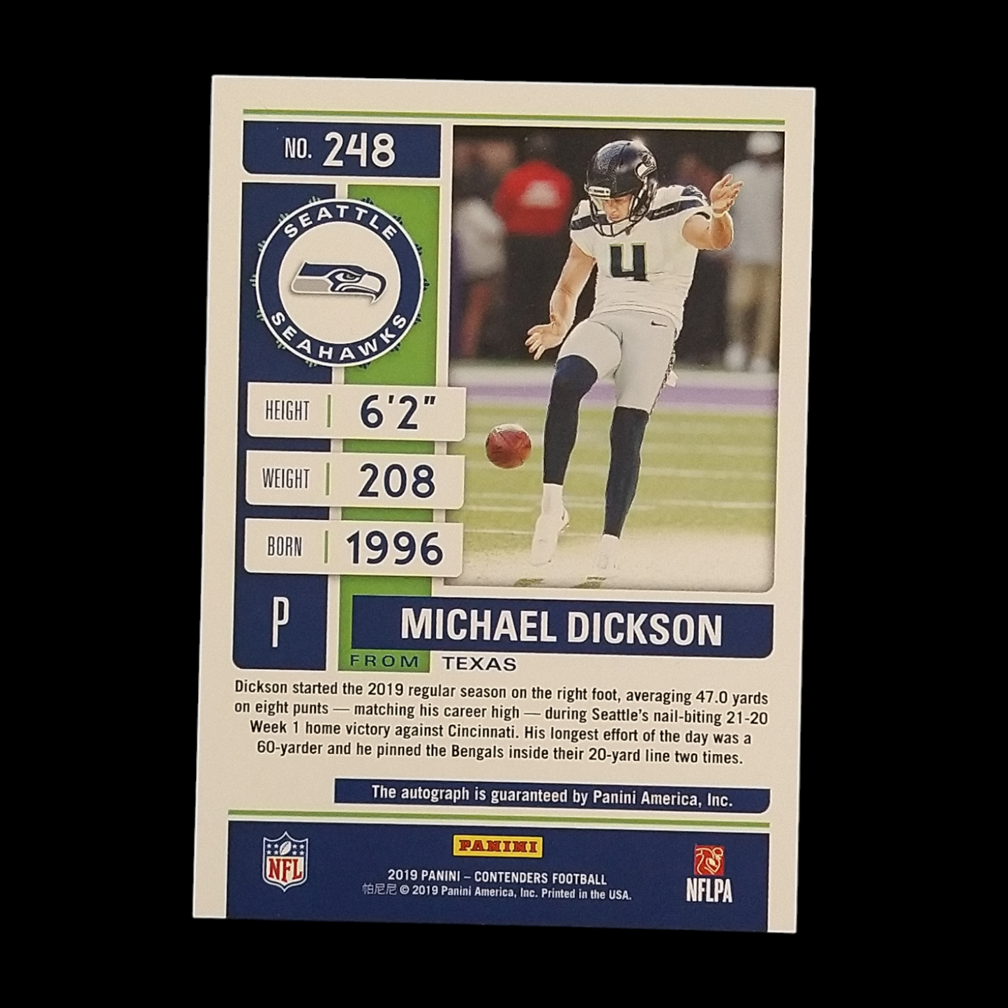 2019 Panini Contenders Michael Dickson Championship Rookie Ticket Autograph Serial # /49