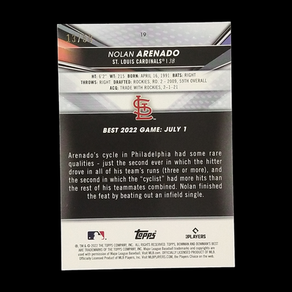 2022 Bowman's Best Nolan Arenado Gold Refractor Serial # /50