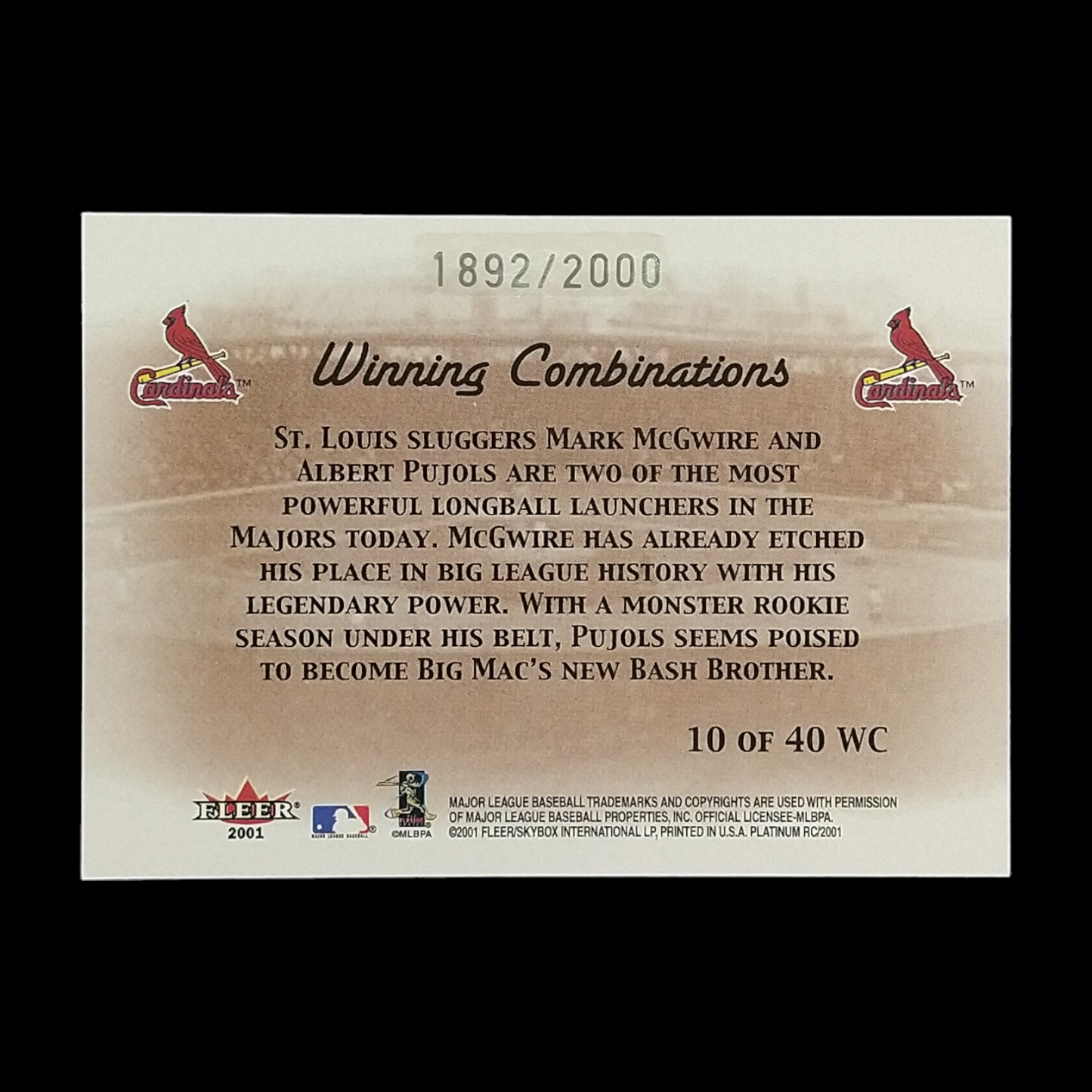 2001 Fleer Platinum Mark McGwire & Albert Pujols Rookie Serial # /2000