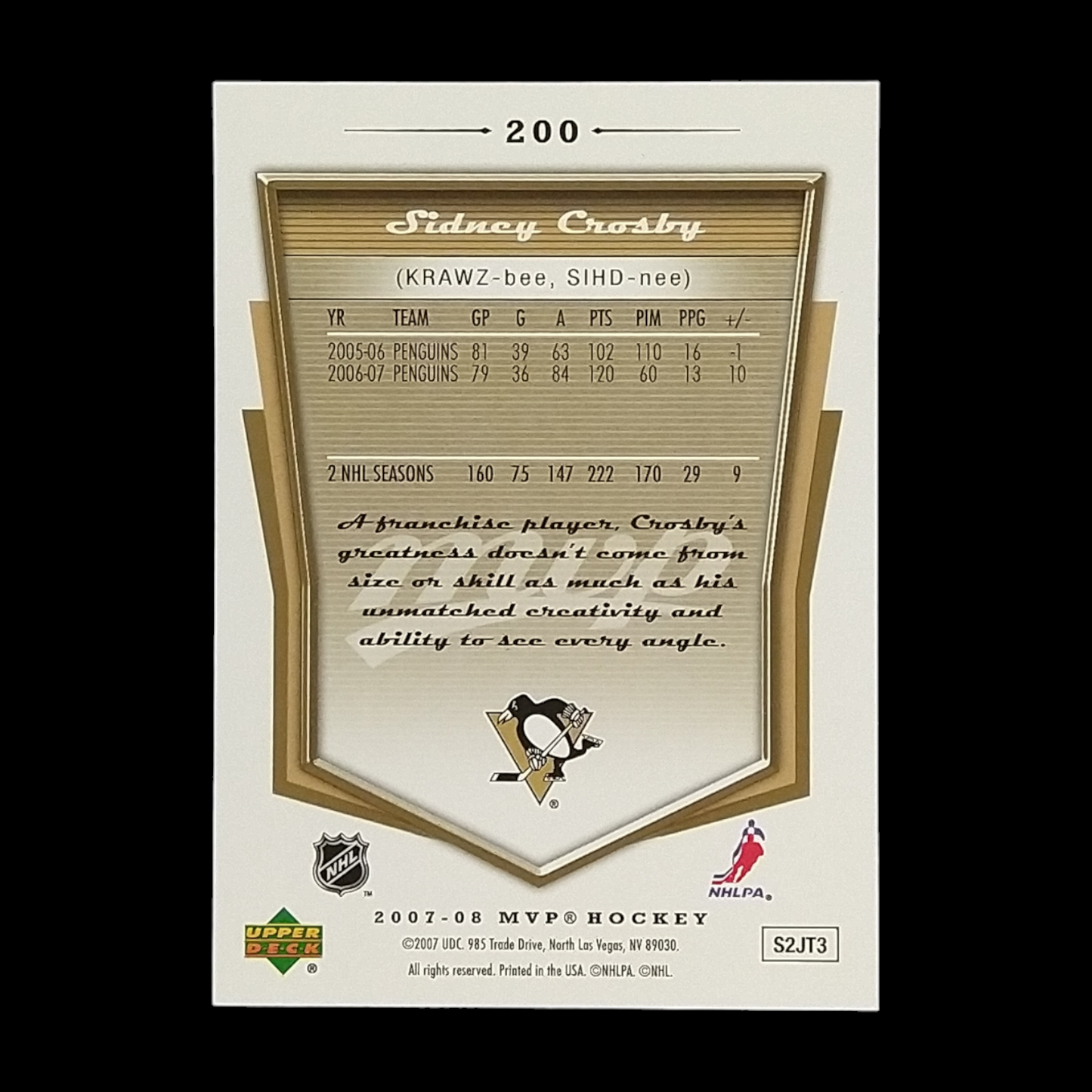 2007-08 Upper Deck MVP Sidney Crosby Gold Scripts #200 Serial # /100