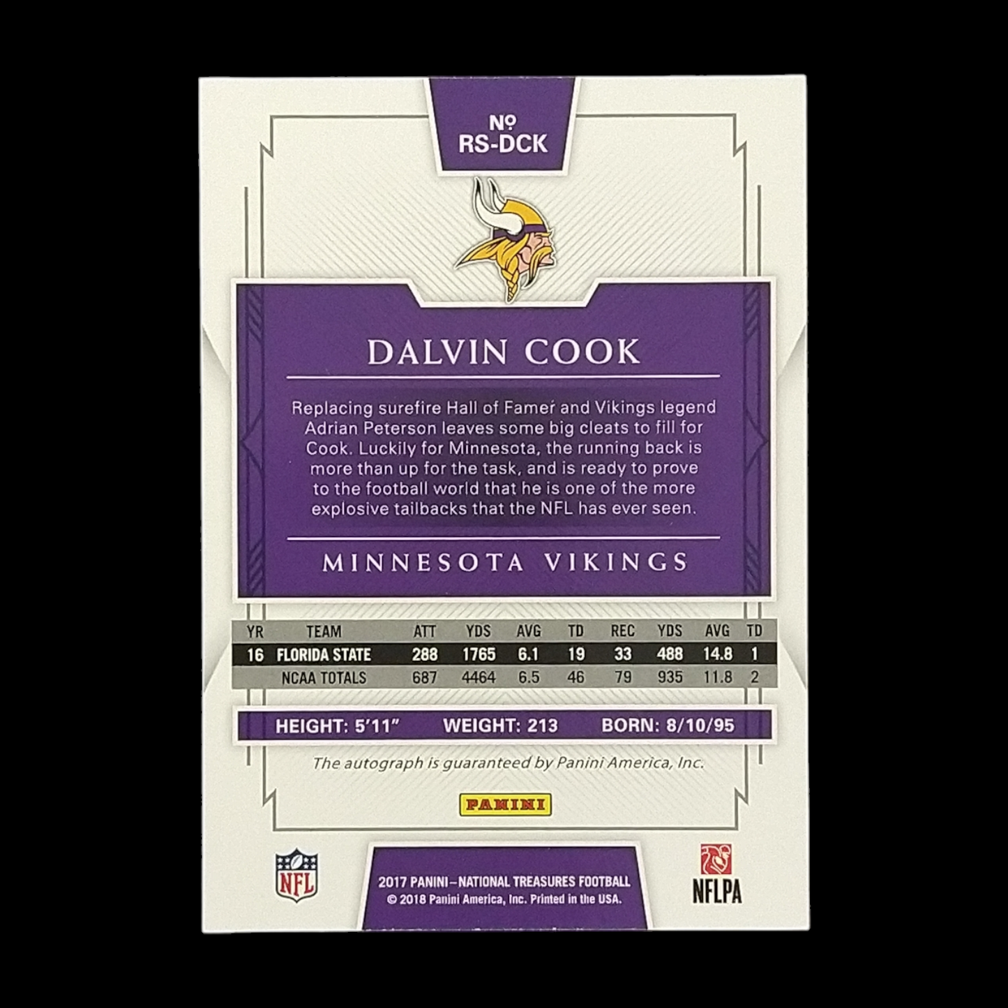 2017 Panini National Treasures Dalvin Cook Rookie Autograph Serial # /99