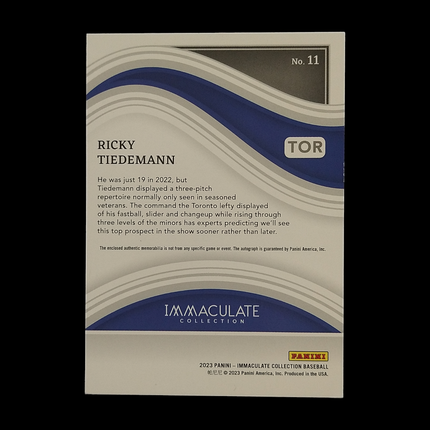 2023 Panini Immaculate Ricky Tiedemann Patch Autograph Serial # /10