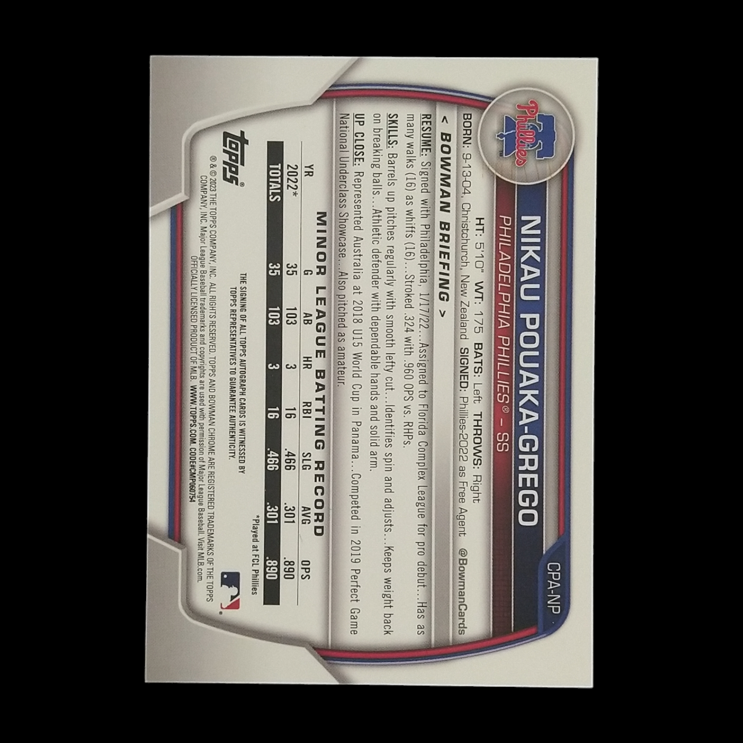2023 Bowman Chrome Nikau Pouaka-Grego Atomic Refractor Autograph Serial # /100