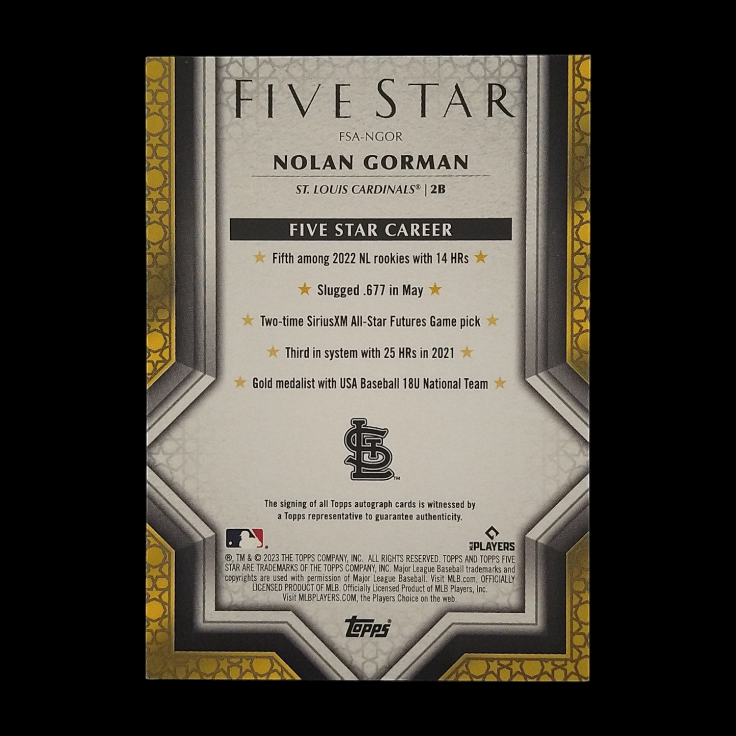 2023 Topps Five Star Nolan Gorman Blue Rookie Autograph /25