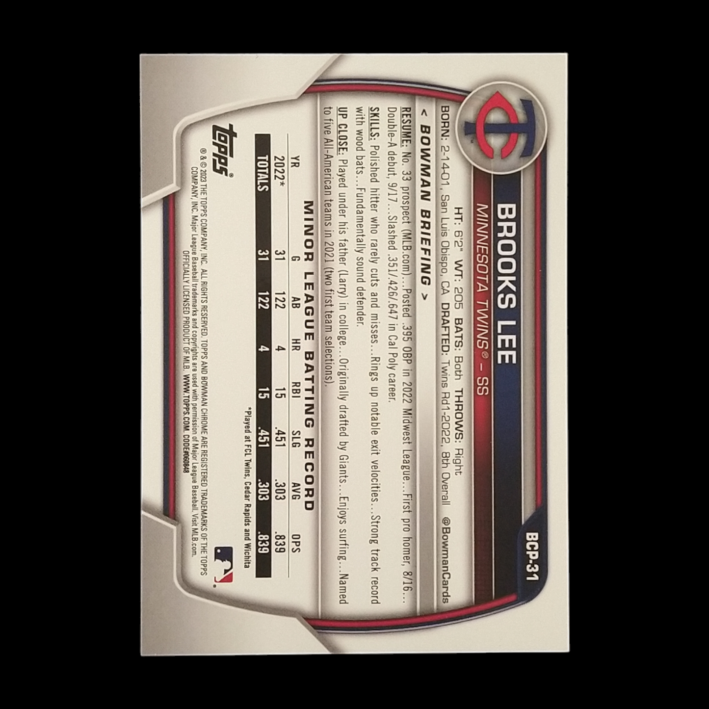 2023 Bowman Chrome Sapphire Brooks Lee Aqua Refractor /55