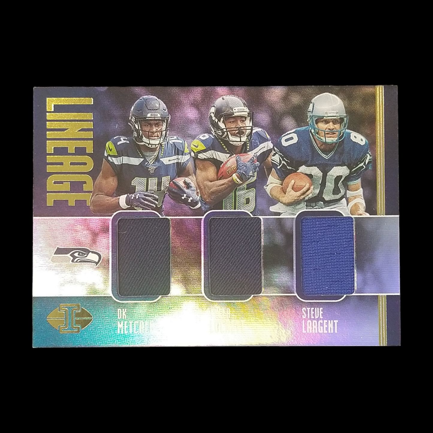 2019 Panini Illusions DK Metcalf , Tyler Lockett , Steve Largent Triple Jersey Relic