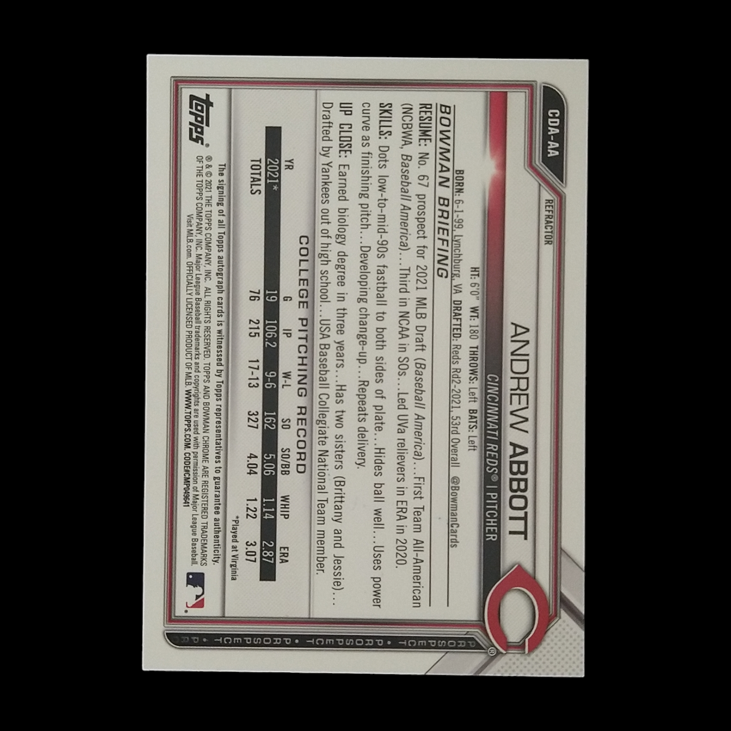 2021 Bowman Chrome Andrew Abbott Refractor Autograph /499