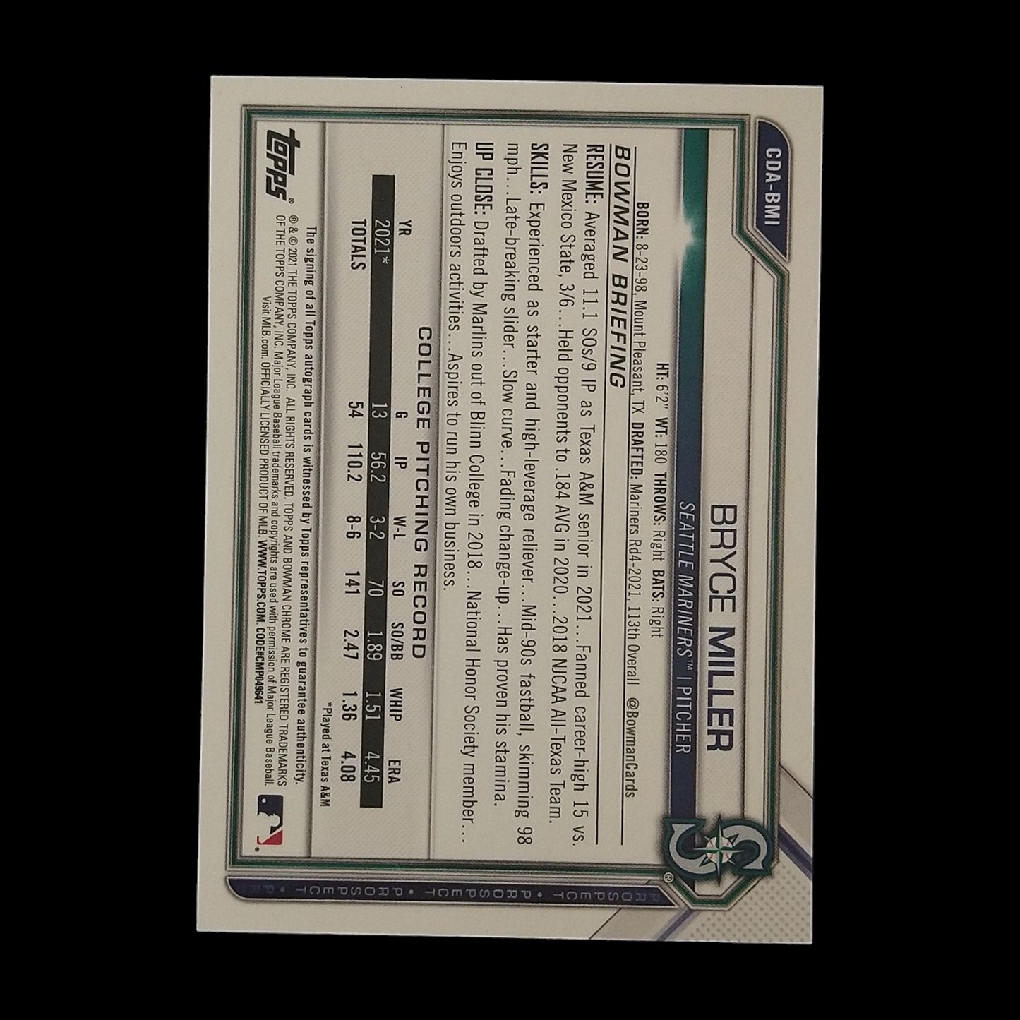2021 Bowman Chrome Bryce Miller Purple Refractor Autograph /250