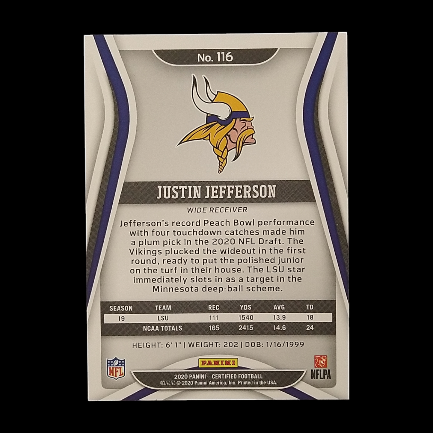 2020 Panini Certified Justin Jefferson Mirror Gold Prizm /25 Rookie
