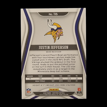2020 Panini Certified Justin Jefferson Mirror Gold Prizm /25 Rookie