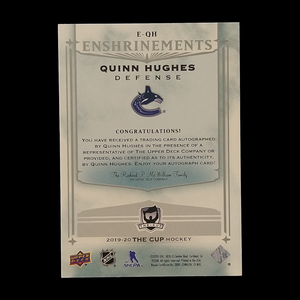 2019-20 Upper Deck The Cup Quinn Hughes Enshrinements Rookie Autograph /99