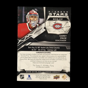 2022-23 Upper Deck Black Diamond Carey Price Gem Autograph /10