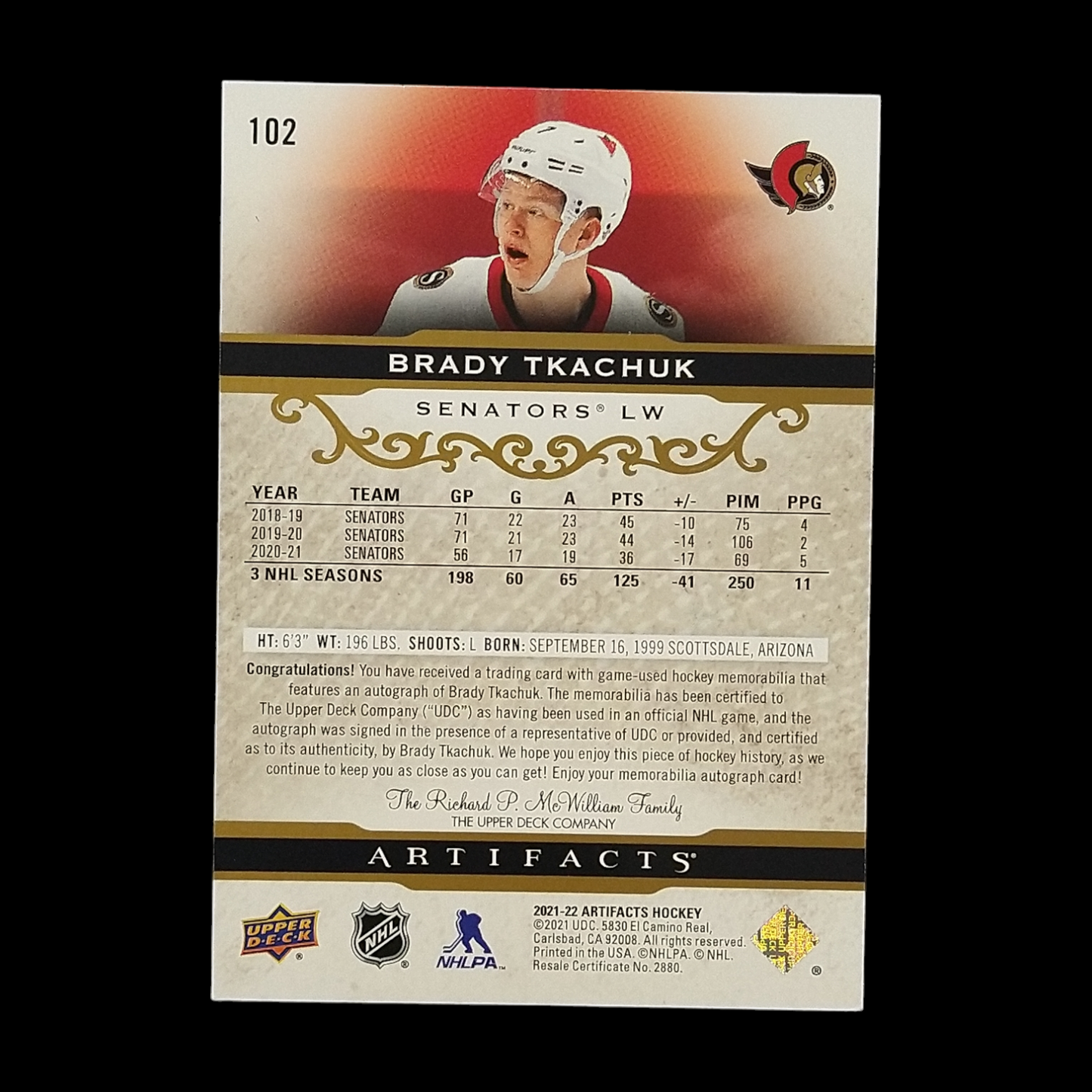 2021-22 Upper Deck Artifacts Brady  Tkachuk Dual Jersey Autograph /65