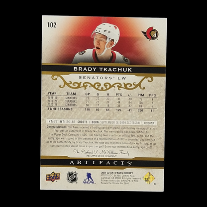 2021-22 Upper Deck Artifacts Brady  Tkachuk Dual Jersey Autograph /65