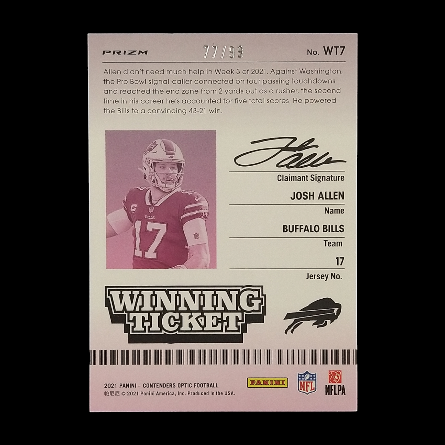 2021 Panini Contenders Optic Josh Allen Winning Ticket Blue Prizm /99