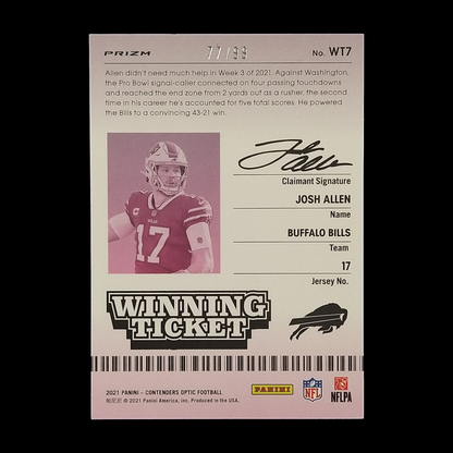 2021 Panini Contenders Optic Josh Allen Winning Ticket Blue Prizm /99