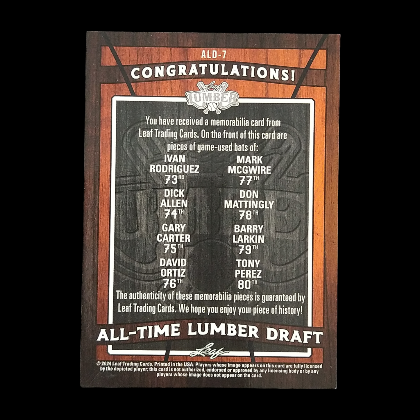 2024 Leaf Lumber Ivan Rodriguez Dick Allen Gary Carter David Ortiz Mark Mcgwire Don Mattingly Barry Larkin Tony Perez 8x Bat Relic /25