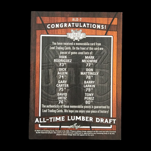 2024 Leaf Lumber Ivan Rodriguez Dick Allen Gary Carter David Ortiz Mark Mcgwire Don Mattingly Barry Larkin Tony Perez 8x Bat Relic /25